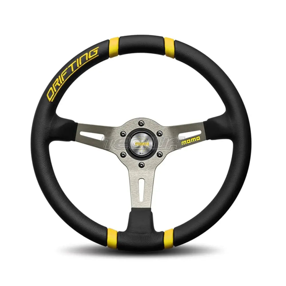 Momo Drifting Steering Wheel 330Mm - 350Mm Black Lth Yellow Inserts 90Mm Dish Wheels And Accessories